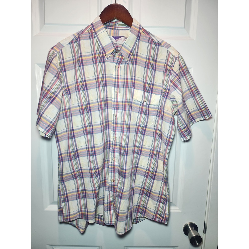 Vintage Honors 80s Plaid Short Sleeve Button Down Shirt Mens Large Multicolor